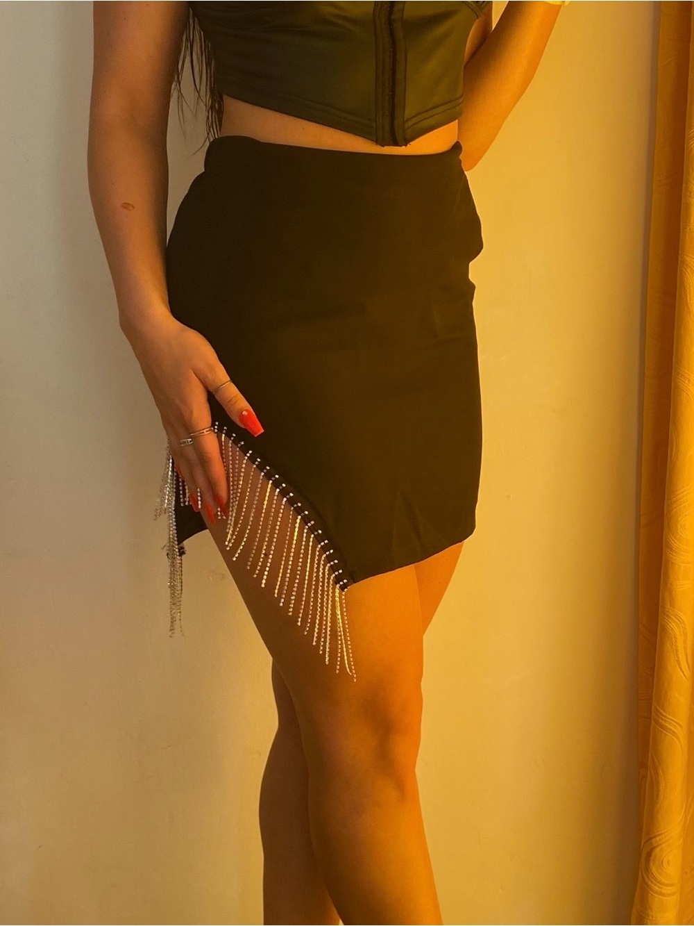 Women's Black Mini Skirt with Rhinestone Fringe